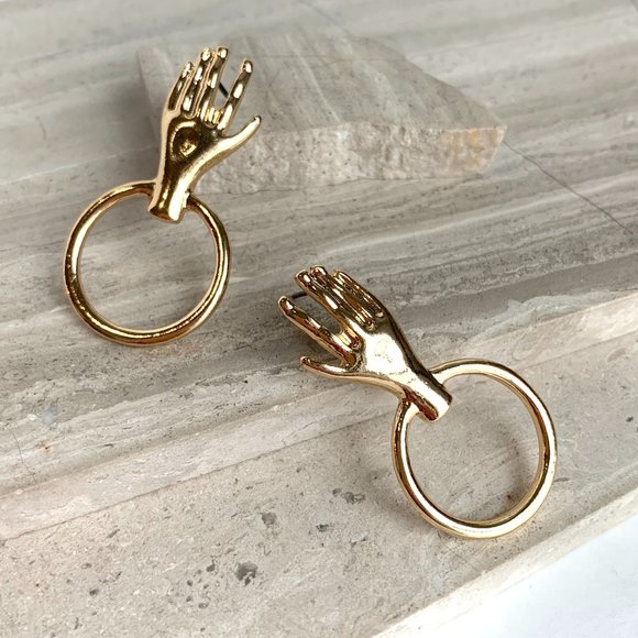 NEW~ Anthropologie Hand & Hoop Gold Earrings - Picture 1 of 6
